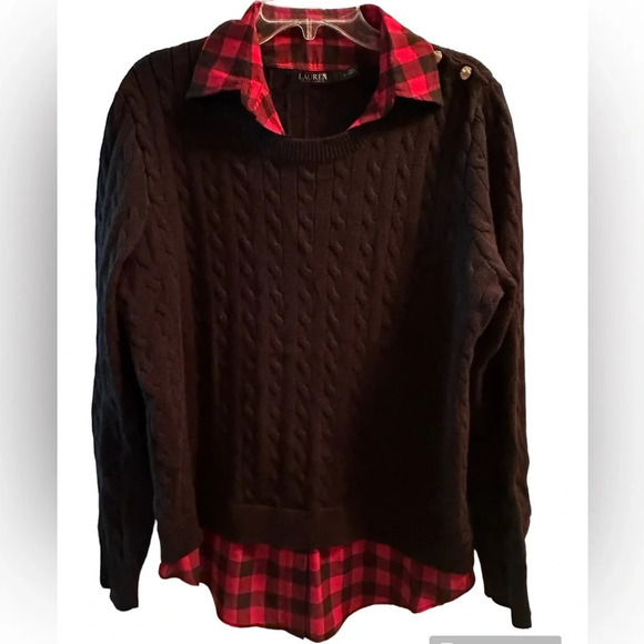 Lauren Ralph Lauren Sweaters - Ralph Lauren Black Cable Knit Sweater Buffalo Plaid Design, Women’s large